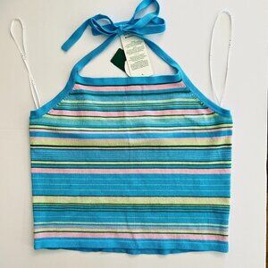NWT Simons Twik‎ Stripe Halter Crop Top Blue Pink Yellow Green Sz L